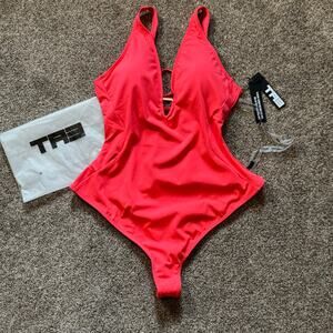 TA3 Sculpting Swimsuit Plungey Triangle Thong Hot Coral XL Short NWT $188 Sexy